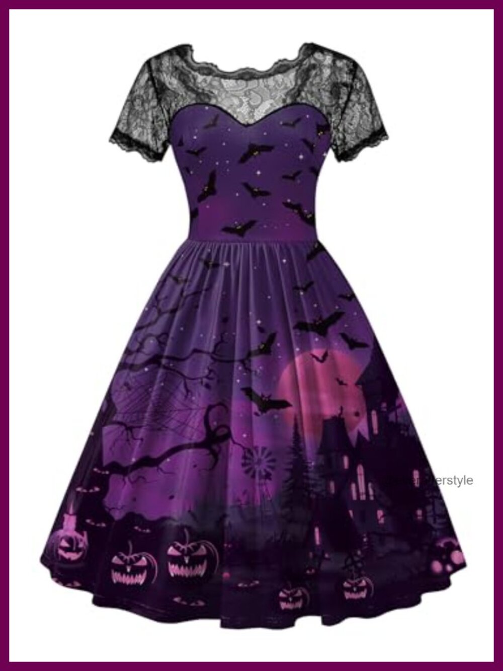 Women Halloween Lace Swing Witch Dress Short Sleeve A-Line Costume Knee Length